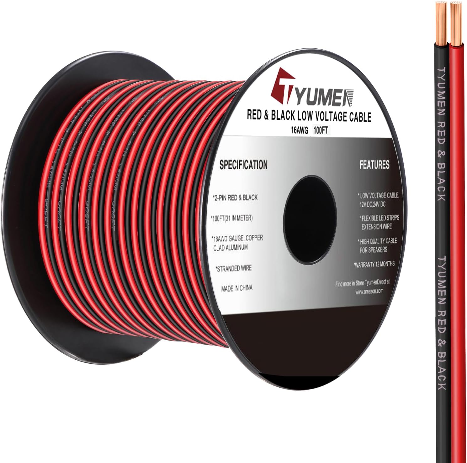 16 Gauge Wire 100FT, 16/2 AWG Red Black Hookup Electrical Wire LED Strips Extension Cord 12V/24V DC Cable, 16AWG 2 Conductors Flexible Wire for in-Home, Autos, Schools use