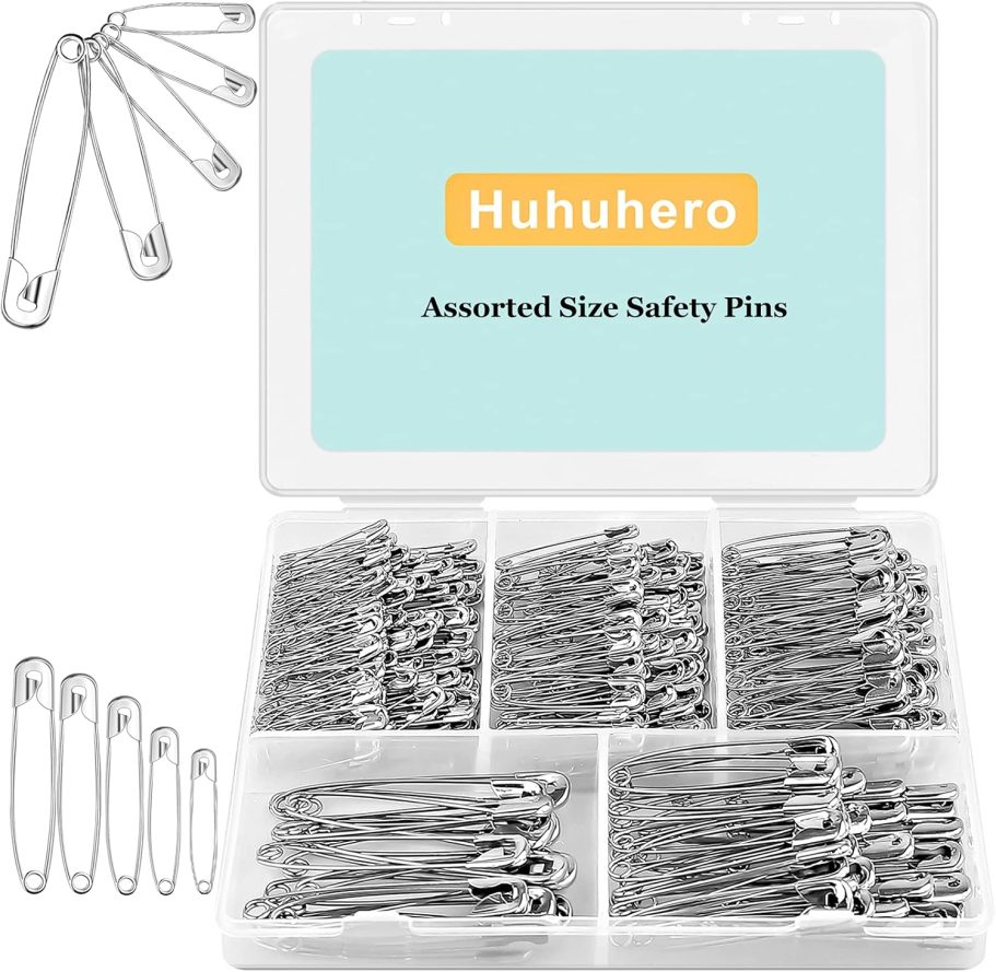 Huhuhero 340 Pack Safety Pins Assorted, Small and Large Safety Pins for Clothes Costume, 5 Different Sizes Nickel Plated Steel Pin Bulk, Sewing Crafts Art Supplies, Silver