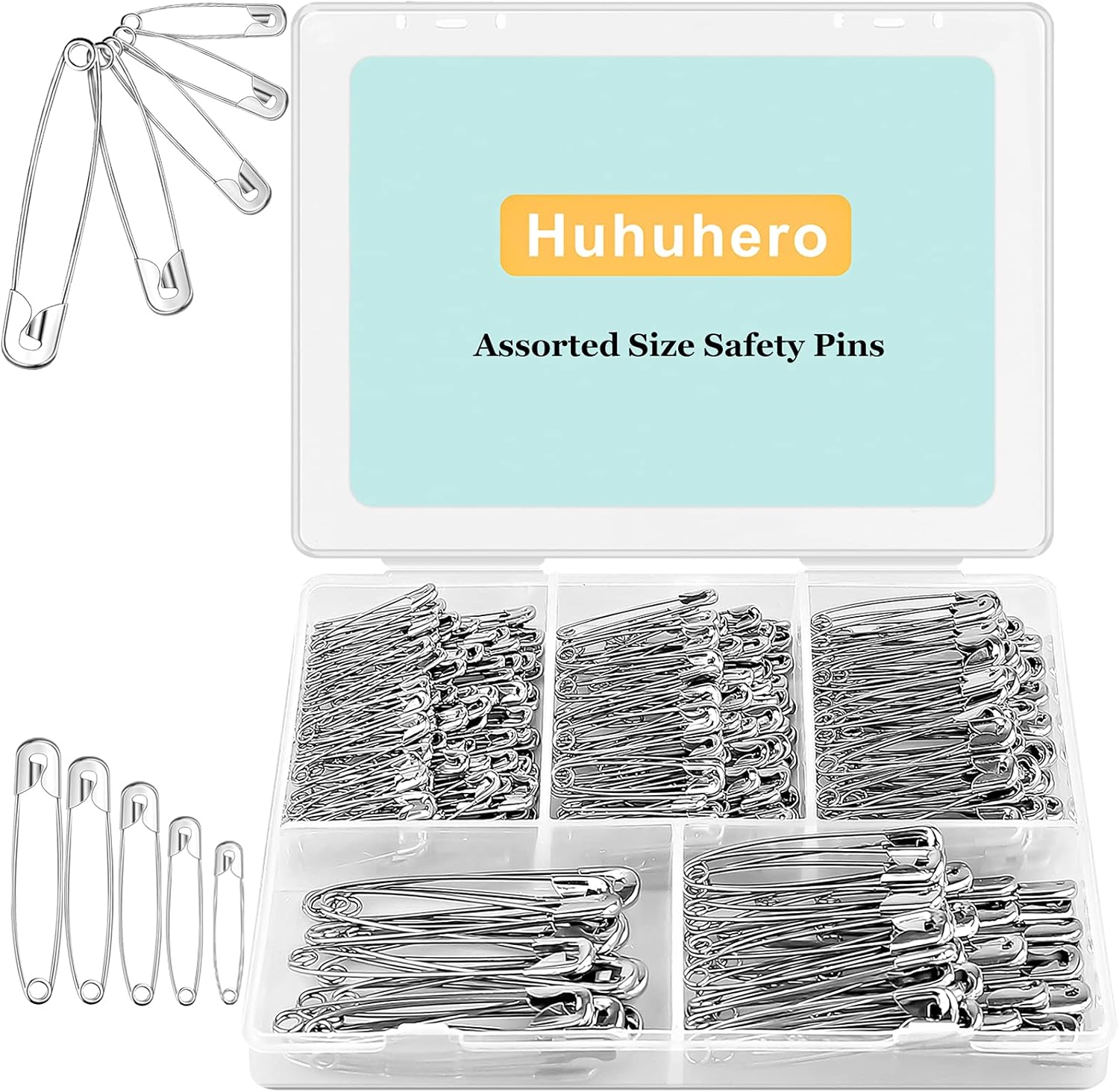 Huhuhero 340 Pack Safety Pins Assorted, Small and Large Safety Pins for Clothes Costume, 5 Different Sizes Nickel Plated Steel Pin Bulk, Sewing Crafts Art Supplies, Silver