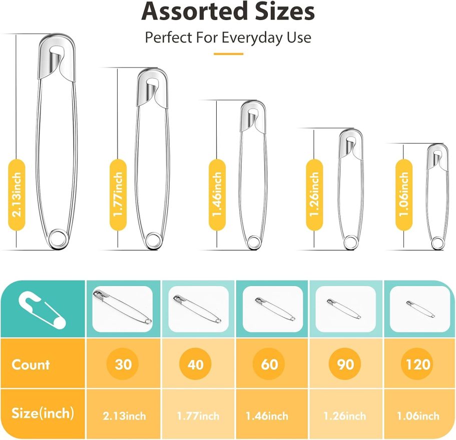 Huhuhero 340 Pack Safety Pins Assorted, Small and Large Safety Pins for Clothes Costume, 5 Different Sizes Nickel Plated Steel Pin Bulk, Sewing Crafts Art Supplies, Silver - Image 2