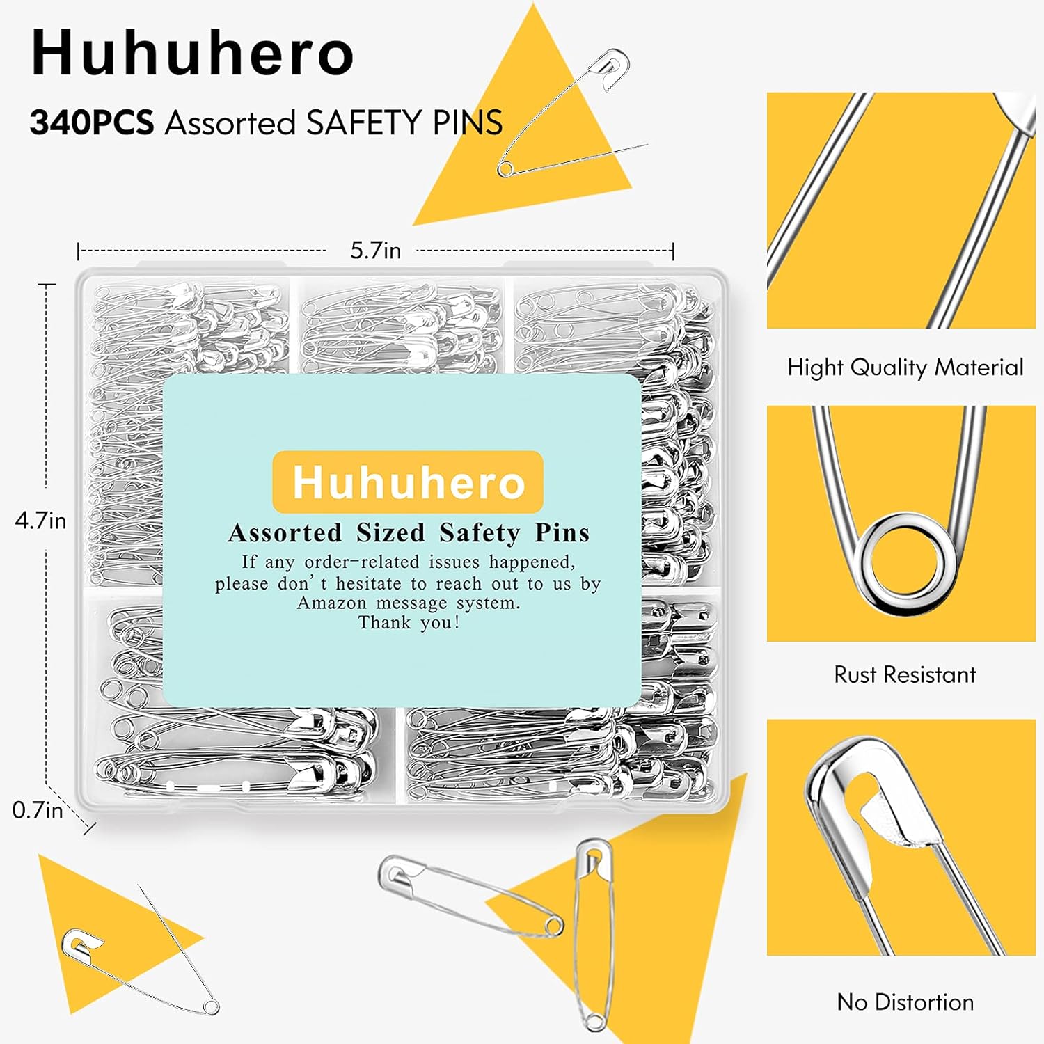 Huhuhero 340 Pack Safety Pins Assorted, Small and Large Safety Pins for Clothes Costume, 5 Different Sizes Nickel Plated Steel Pin Bulk, Sewing Crafts Art Supplies, Silver - Image 3