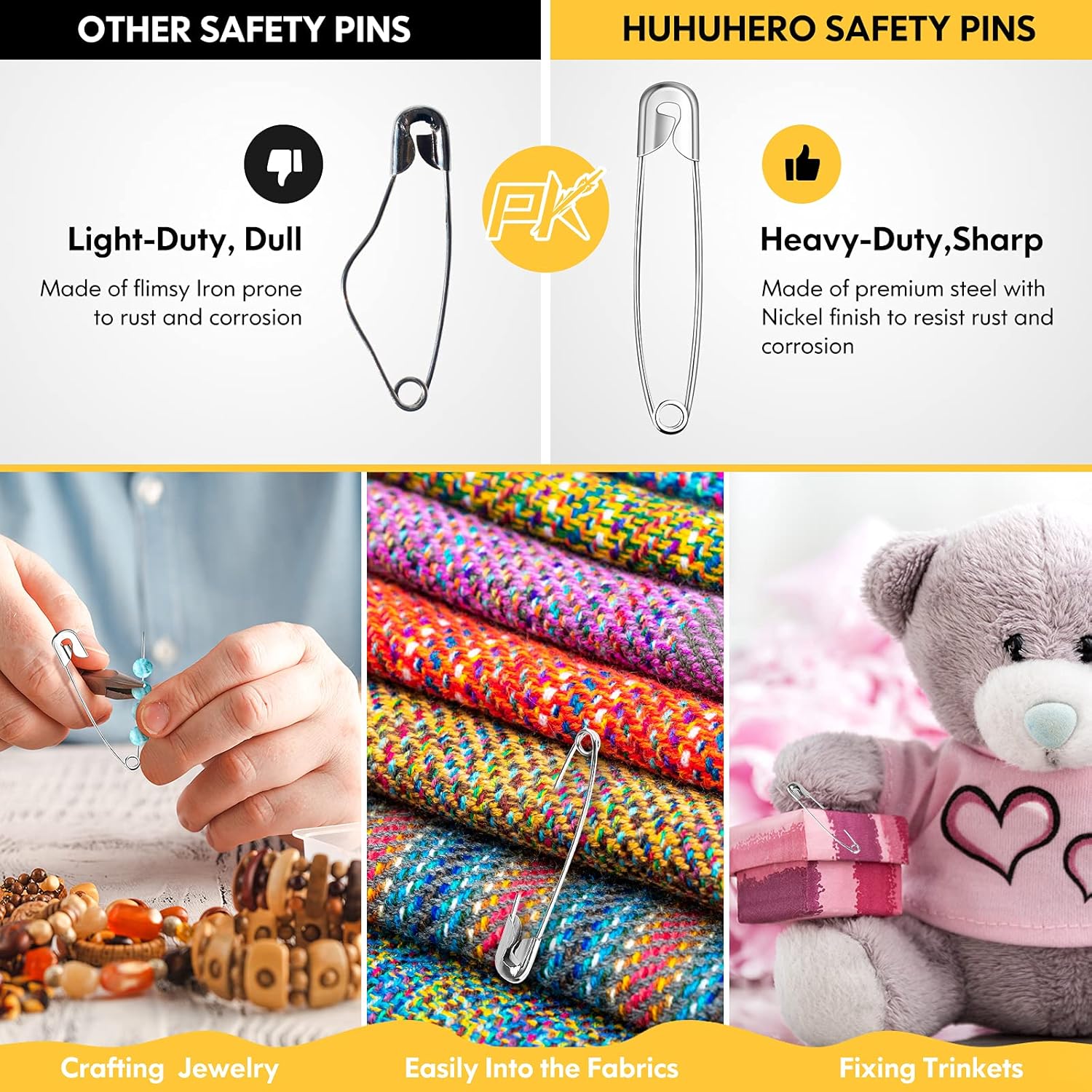 Huhuhero 340 Pack Safety Pins Assorted, Small and Large Safety Pins for Clothes Costume, 5 Different Sizes Nickel Plated Steel Pin Bulk, Sewing Crafts Art Supplies, Silver - Image 4