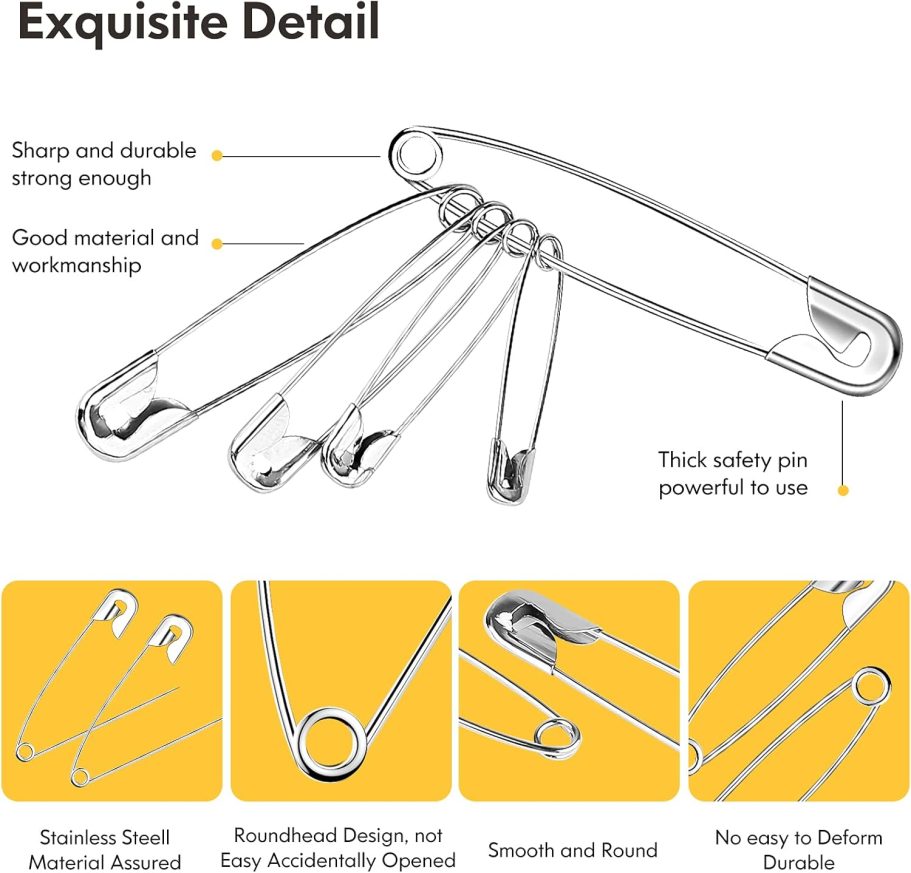 Huhuhero 340 Pack Safety Pins Assorted, Small and Large Safety Pins for Clothes Costume, 5 Different Sizes Nickel Plated Steel Pin Bulk, Sewing Crafts Art Supplies, Silver - Image 5