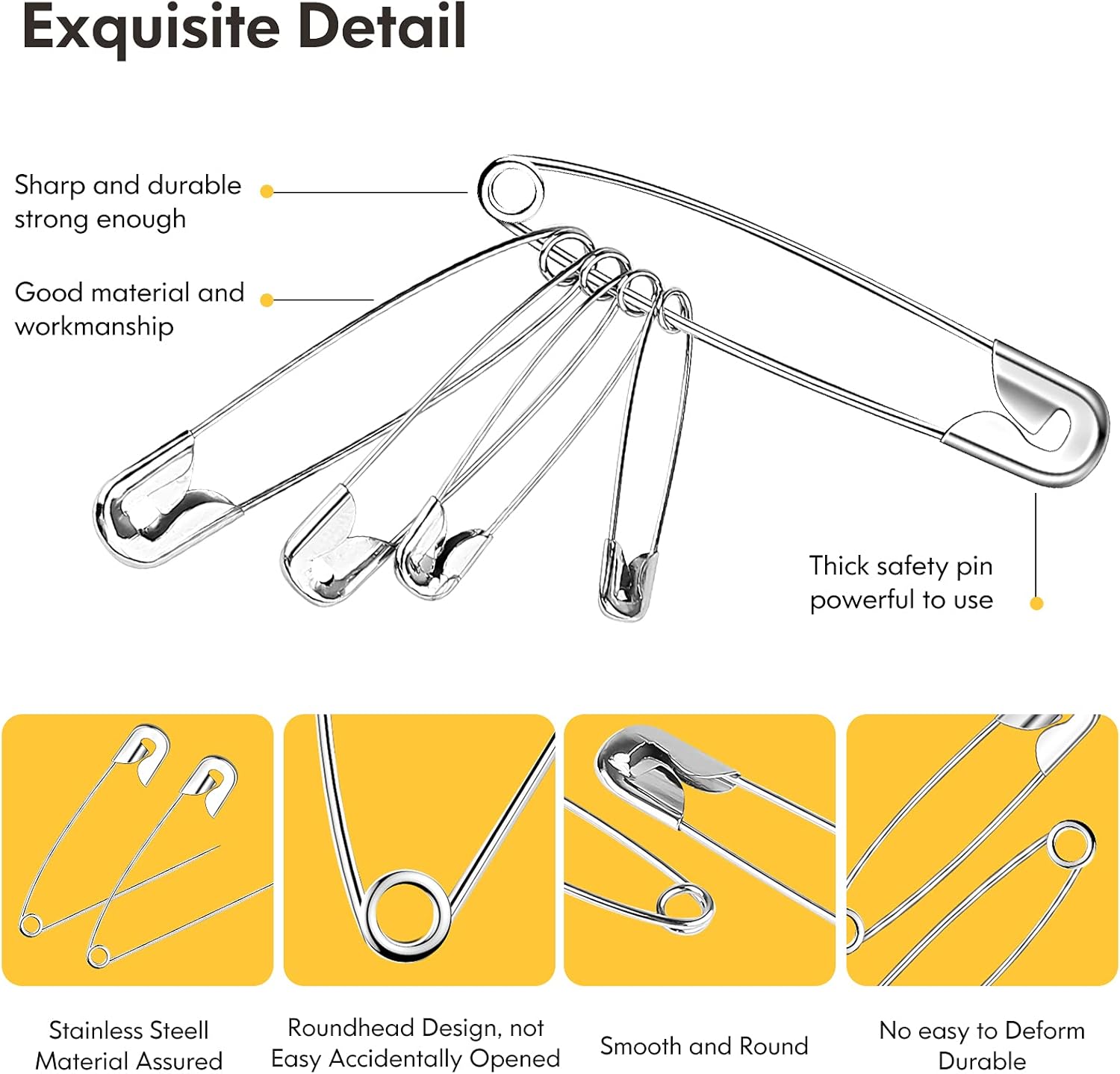 Huhuhero 340 Pack Safety Pins Assorted, Small and Large Safety Pins for Clothes Costume, 5 Different Sizes Nickel Plated Steel Pin Bulk, Sewing Crafts Art Supplies, Silver - Image 5